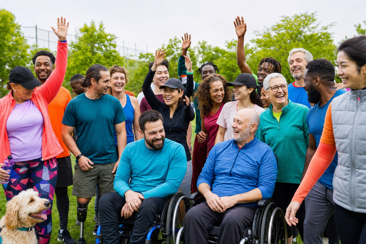 Grupo diverso de personas, algunas con discapacidad, sonriendo y compartiendo un momento al aire libre