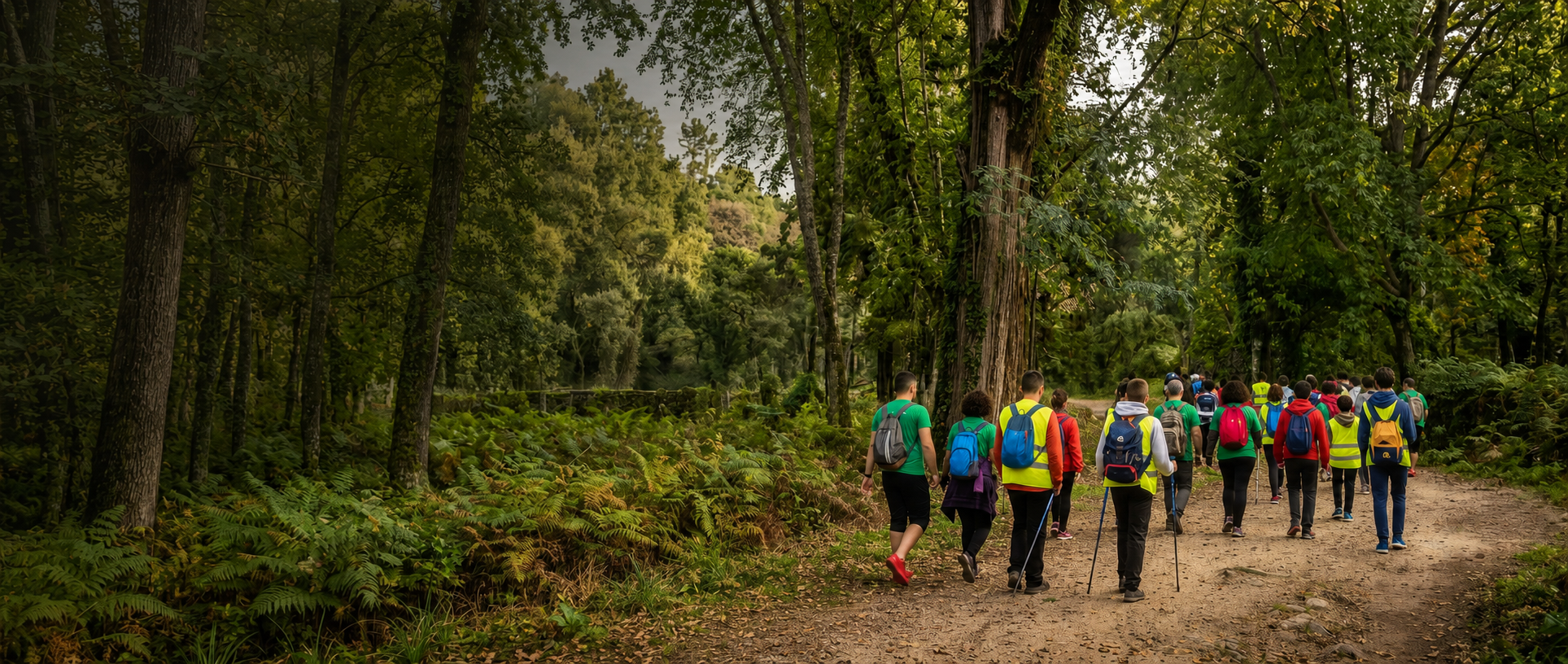 Grupo caminando junto a Viviana por un sendero, avanzando juntos en el mismo camino